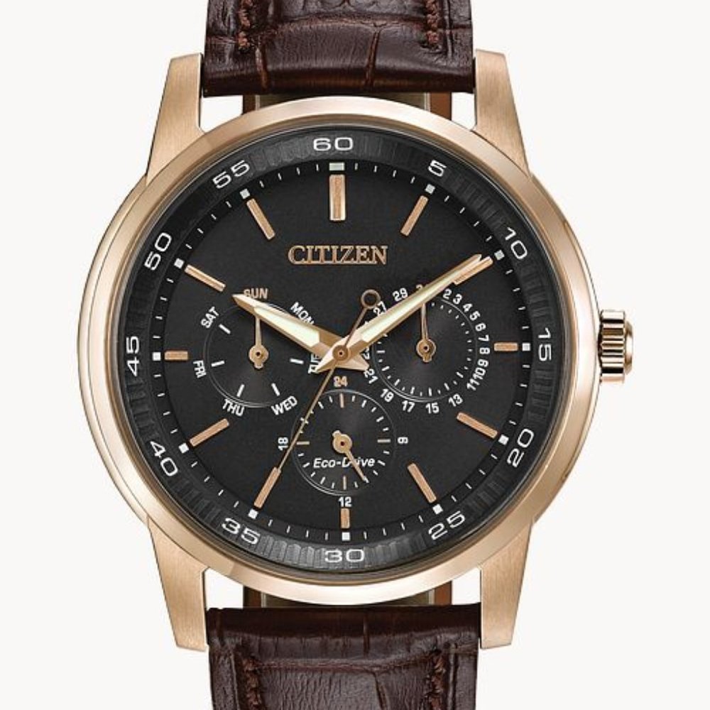 Citizens Mens Watch 44 MM Rose Gold-Brown Leather Band